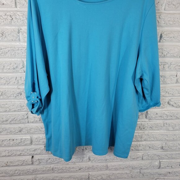 Quacker Factory Womens Top 3X Plus Tunic Roll Tab Sleeve Faux Pearls BLU206E - Picture 4 of 10